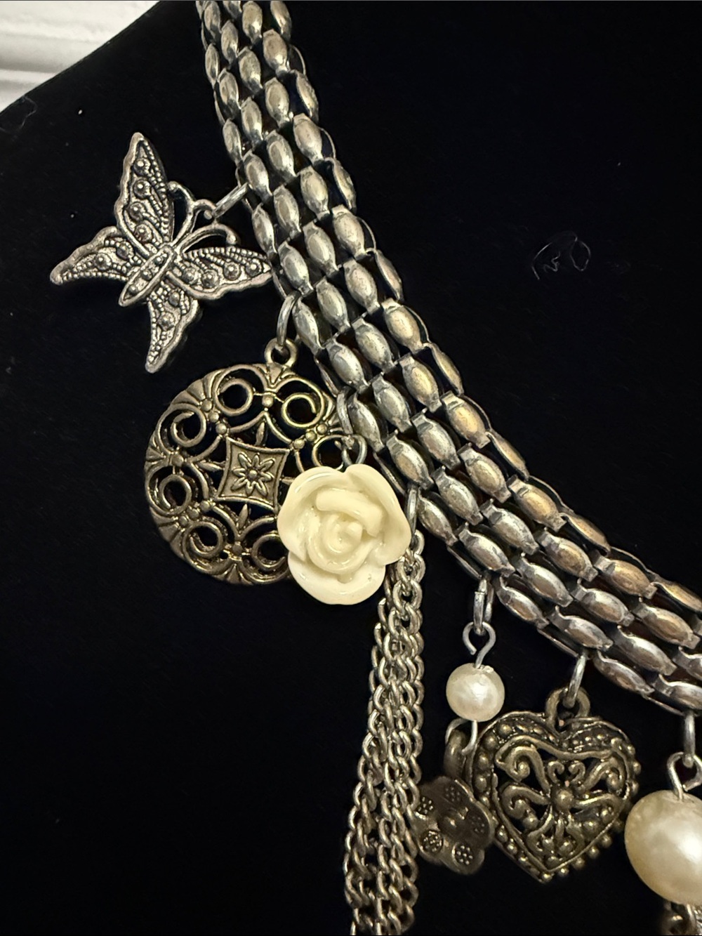 VTG Silver Tone Charm Necklace | Layered Chain Cameo Crown Butterfly Necklace - Picture 5 of 8